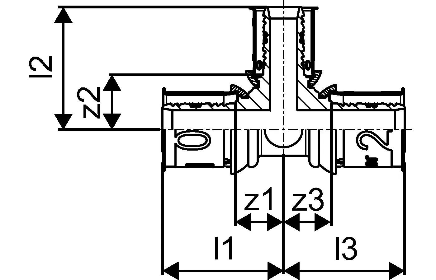 T-Stück aus Kunststoff mit reduzierter Verbindung in einer schematischen Darstellung, hergestellt von Uponor. Das Produkt zeigt verschiedene Dimensionen und Konstruktionselemente.