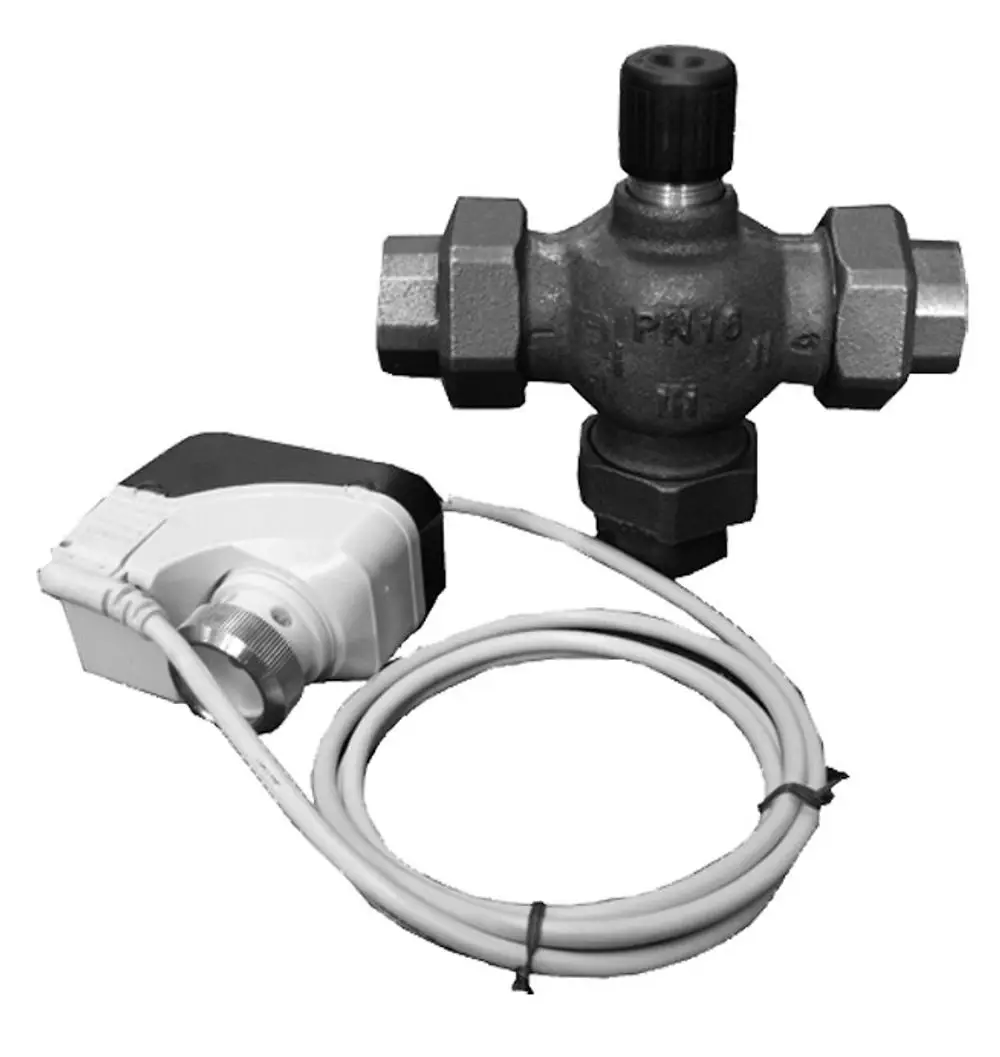 Motor-Dreiwegeventil von Viessmann, bestehend aus einem Metallventil und einem charakteristischen Motor, verbunden durch ein Kabel.