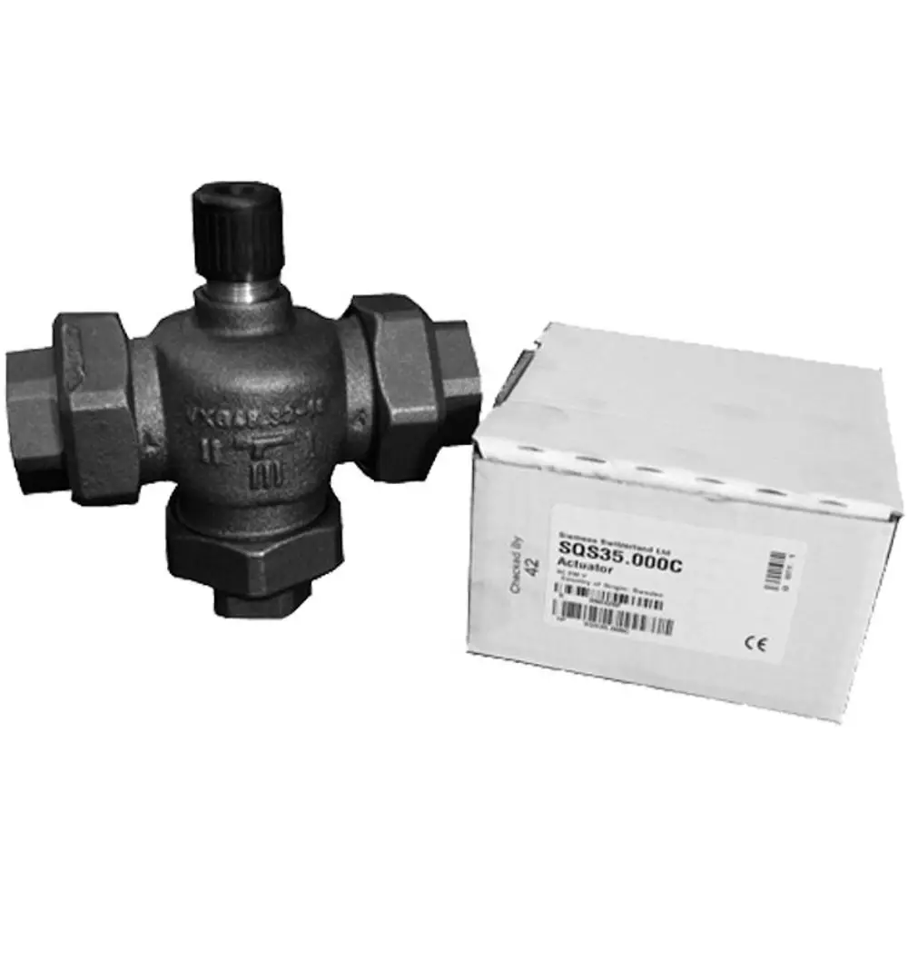 Viessmann Dreiwegeventil mit schwarze Oberfläche, Anschlussgewinden und einem Karton mit Artikelbezeichnung.