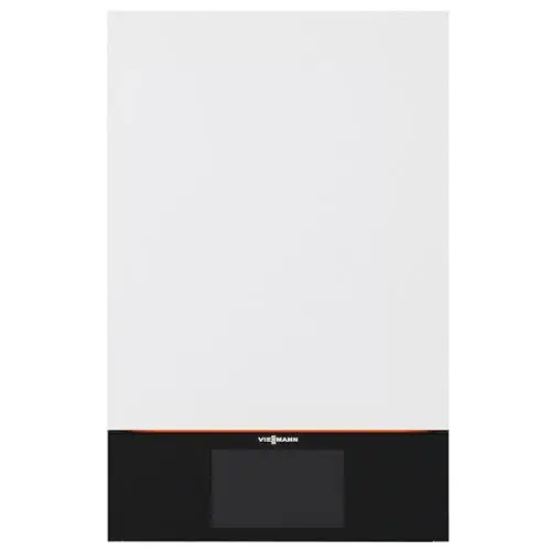 Weiße Wandheizung mit schwarzem unteren Teil und digitalem Bedienfeld, Hersteller Viessmann, Modell Vitodens 300-W.