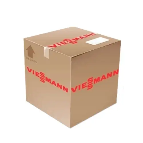 Braune Transportbox mit rotem Viessmann-Logo. Auf der Oberseite ist ein Aufkleber mit der Beschriftung "This Side Up".