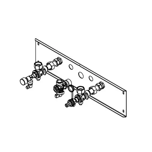 Montageplatte mit mehreren Armaturen für Unterputzinstallation, geeignet für Gas-Umlaufwasserheizer, möglicherweise von Viessmann.