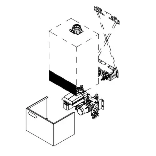 Zeichnung eines Unterbau-Kits mit Mischer für Heizsysteme, einschließlich eines Mischers und einer angepassten Box. Viessmann-Produkt für Heizungsinstallationen.