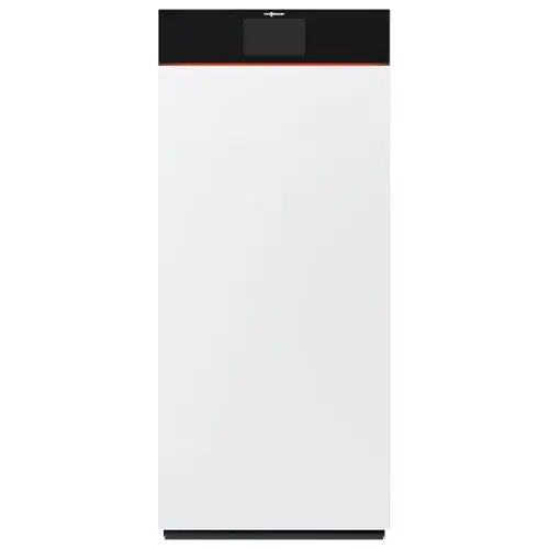 Weißer Kühlschrank mit schwarzem oberen Teil und digitalem Display, minimalistisches Design, ohne sichtbare Griffe oder besondere Verzierungen.