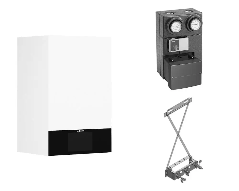 Weiße Wandhängende Gasheizung von Viessmann mit schwarzem Display, dazu ein Kombigerät mit zwei Druckmessern und eine Halterung für die Installation.
