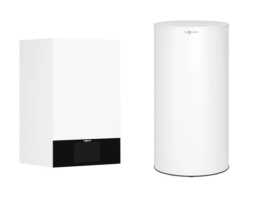 Weißes Viessmann Gas-Heizgerät mit rechteckiger Form und schwarzem Display, daneben runder Speicher in Weiß, beide in neutralem Raum platziert.