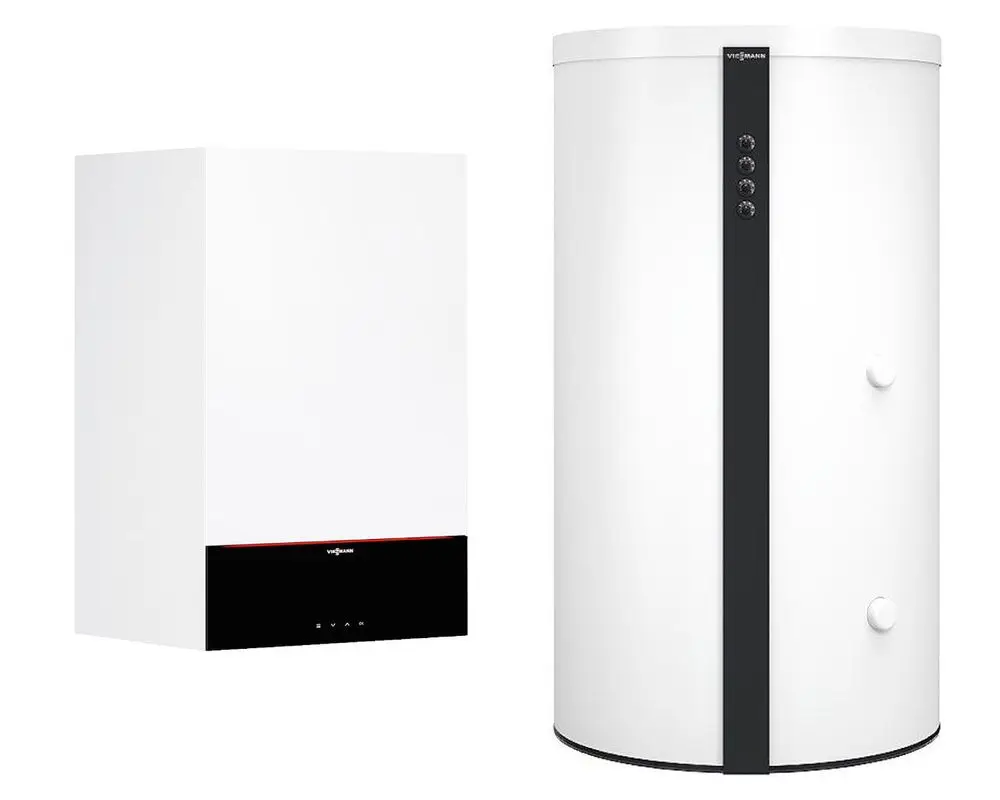 Weißes Viessmann Gas-Heizgerät mit 3,5-Zoll-Display links und runder Speichereinheit rechts, beide mit schwarzem unteren Bereich und zwei Anschlussstellen an der Vorderseite.