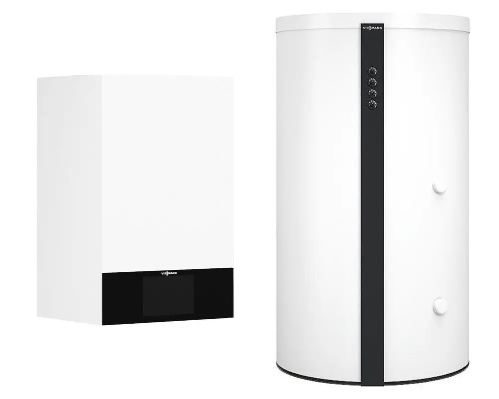 Weißes Gas-Heizgerät von Viessmann mit 7-Zoll-Display und Speicher, runde Form, zwei Anschlüsse an der Vorderseite, daneben ein rechteckiger Kessel.