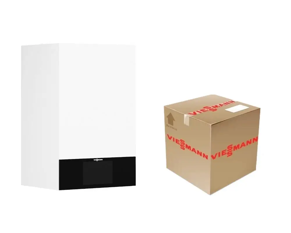 Weißes Wandgerät von Viessmann mit schwarzem Display und einem Karton, auf dem die Marke Viessmann rot gedruckt ist. Beide Produkte haben eine rechteckige Form.