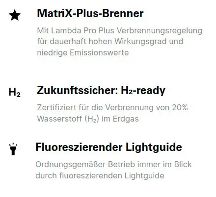 Gas-Kombigerät von Viessmann mit Lambda Pro Plus Verbrennungsregelung, zur Verbrennung von bis zu 20% Wasserstoff, ausgestattet mit fluoreszierendem Lightguide.