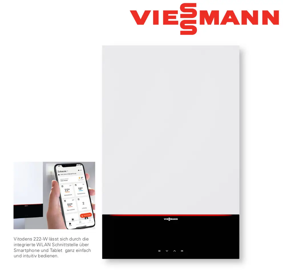 Weißes Heizgerät mit schwarzem Unterbau und Touch-Display. Viessmann-Symbol sichtbar. Smartphone zeigt Heizparameter und Einstellungsmöglichkeiten an.