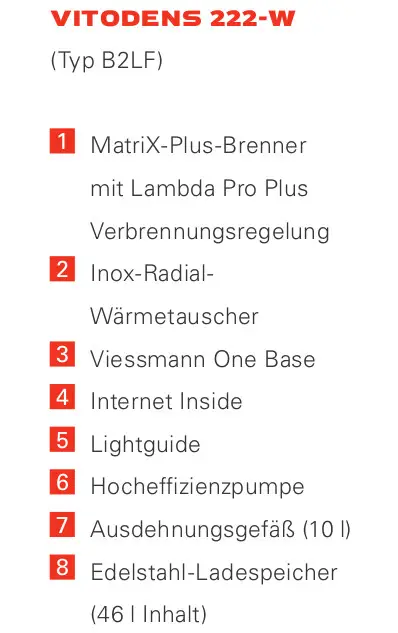 Viessmann Heizgerät mit 8 Hauptkomponenten, darunter Inox-Radial-Wärmetauscher und Hocheffizienzpumpe, für effiziente Wärme- und Warmwasserbereitung.