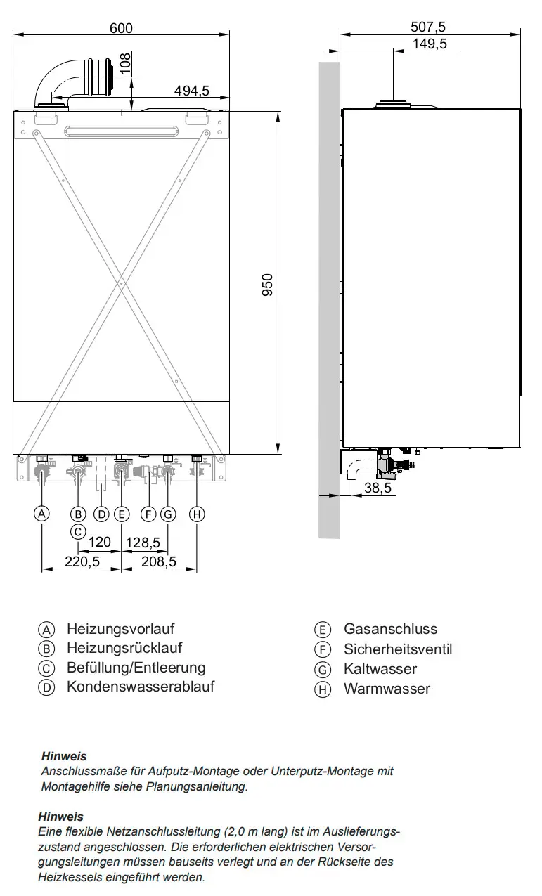 Viessmann Gas-Kombigerät mit verschiedenen Anschlüssen, dimensionsgezeichnet. Größenbezeichnung und Installationshinweise sind im unteren Bereich sichtbar.