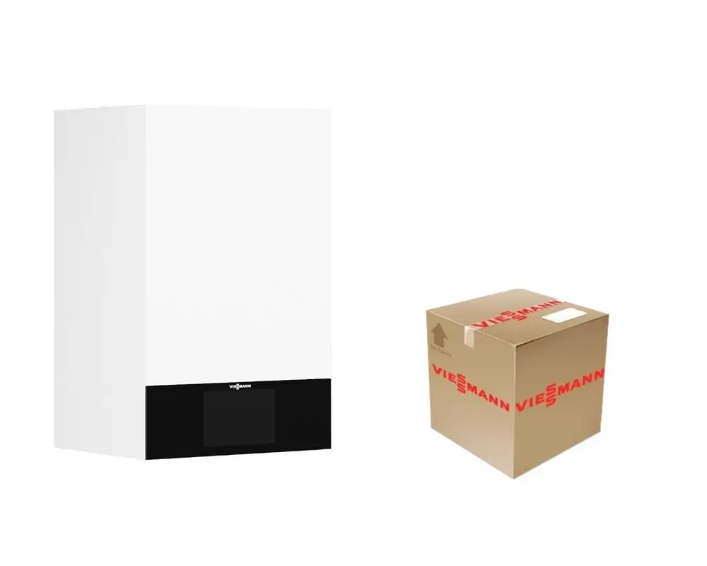 Weißes Kombigerät von Viessmann mit integriertem Display, neben einer Verpackung. Das Gerät hat eine abgeschlossene, schlichte Form.