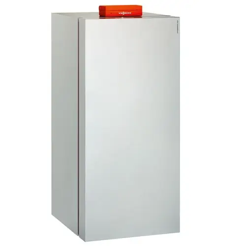 Silberner Heizungsgerät mit quadratischer Form und einem orangefarbenen Gerät oben drauf, auf neutralem Hintergrund.