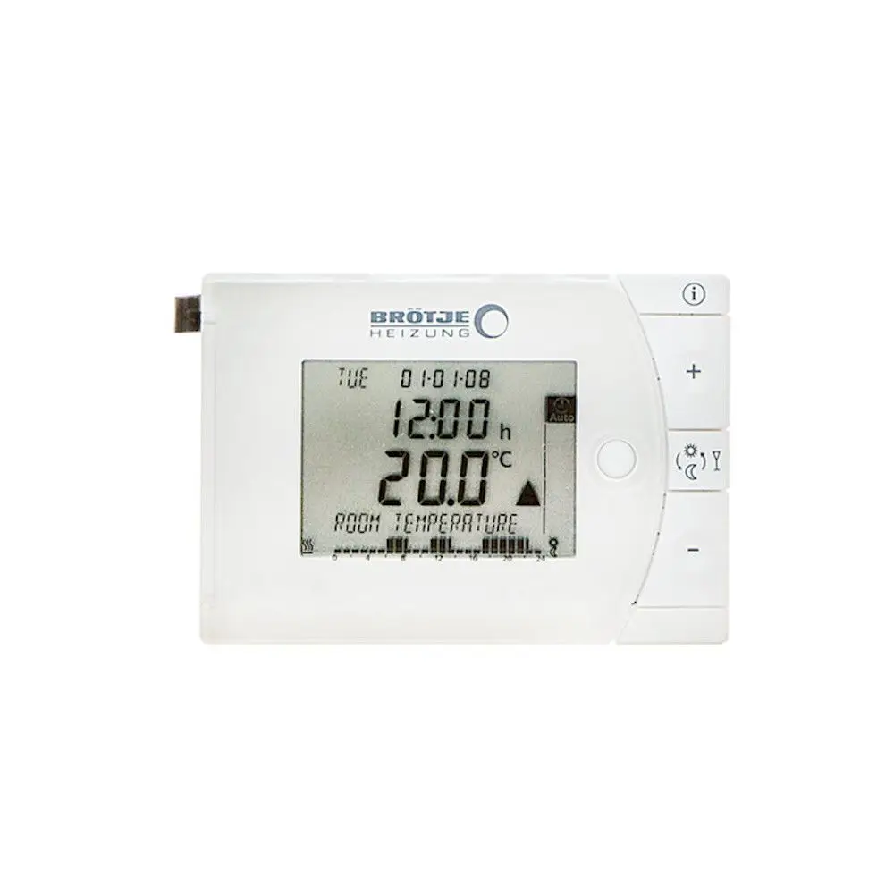 Raumthermostat von Brötje mit digitaler Anzeige, zeigt Uhrzeit, Raumtemperatur von 20°C und aktuelle Einstellungen. Montierbar an der Wand.