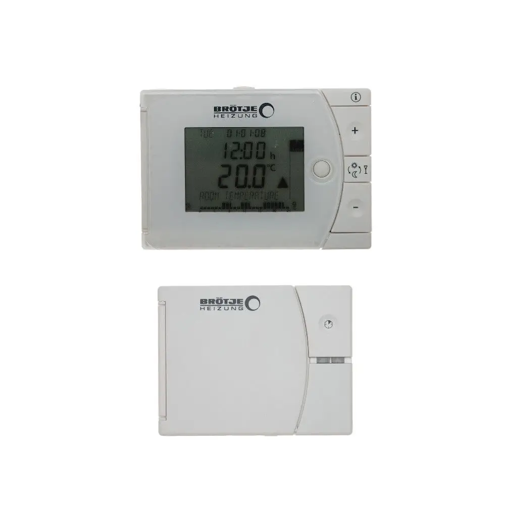 Brötje Raumthermostat mit digitalem Display, zeigt Temperatur und Uhrzeit an. Unteres Gerät scheint der Empfänger zu sein. Beide Geräte haben eine weiße Oberfläche.