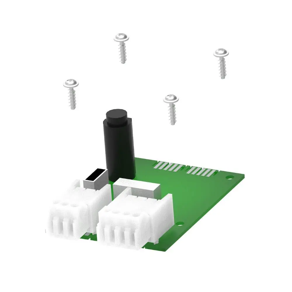 Grüne Platine mit zwei weißen Steckverbindern, einem schwarzen Zylinder und mehreren Schrauben. Produkt von Brötje für die Verwendung als Gasdruckwächter.