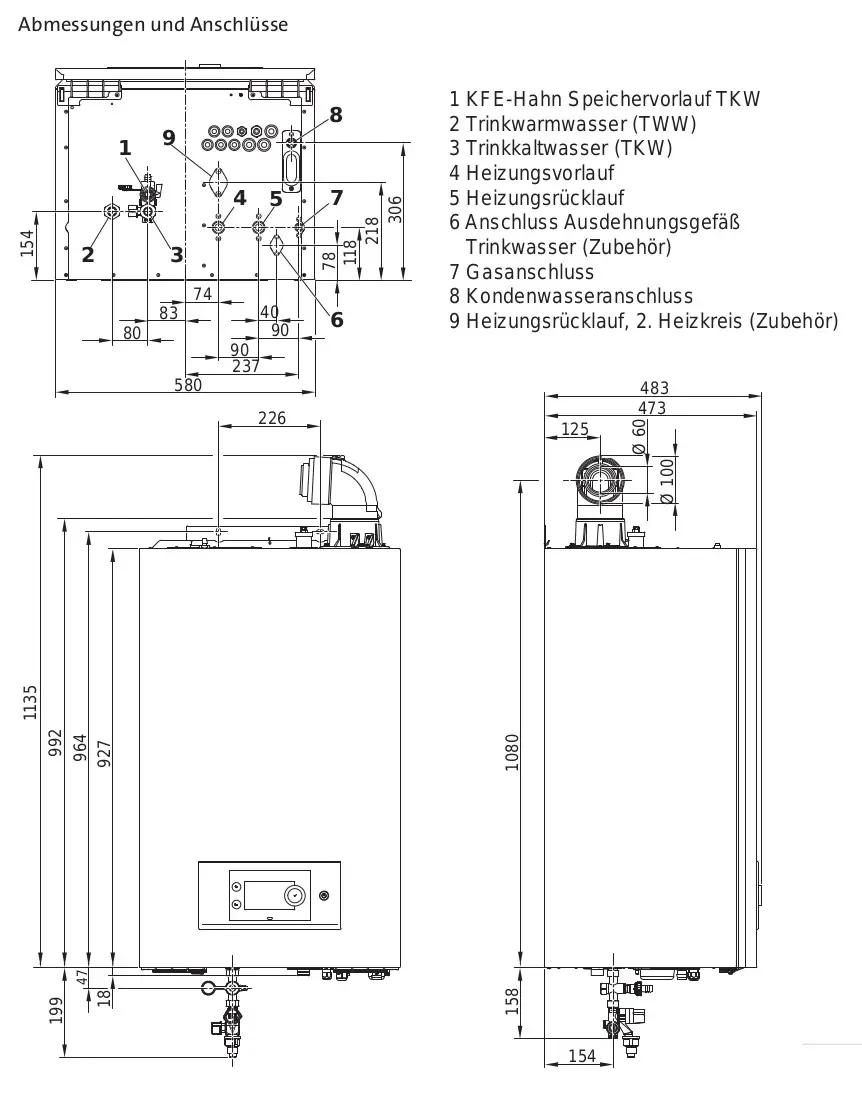 Brötje Gas-Brennwertwandkessel mit Anschlüssen für Trinkwasser, Heizungsanschlüsse und Gas. Technische Zeichnung mit Maßangaben und Anschlussübersicht.
