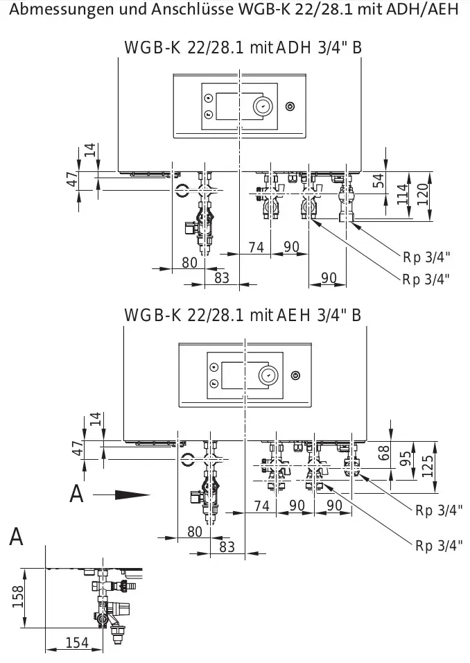 Technische Zeichnung eines Brötje Gas-Brennwertwandkessels mit Maßangaben und Anschlussoptionen. Enthält Details zu Ventilen und Anschlüssen in einer schematischen Darstellung.