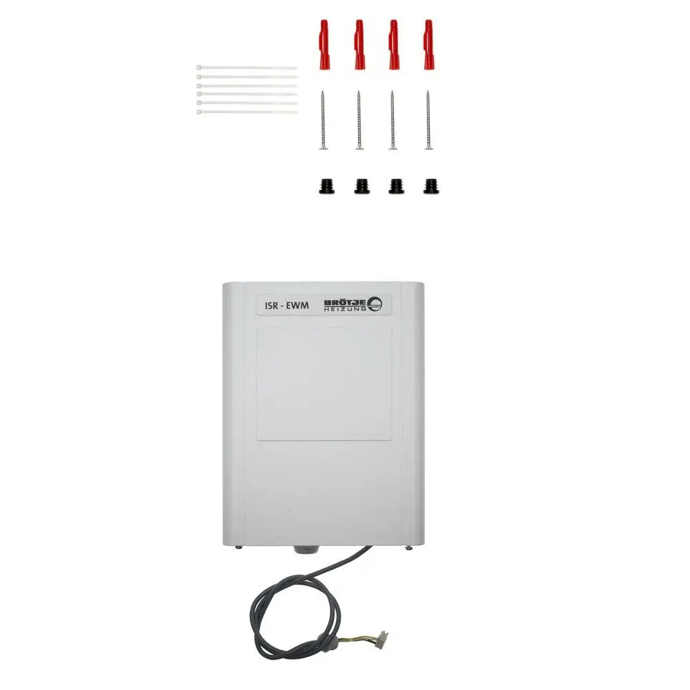 Weißes Wandmodul von Brötje mit Kabel, Verbindungselementen und Montagesatz. Enthält Schrauben, Unterlegscheiben und Kabelbinder zur Installation.