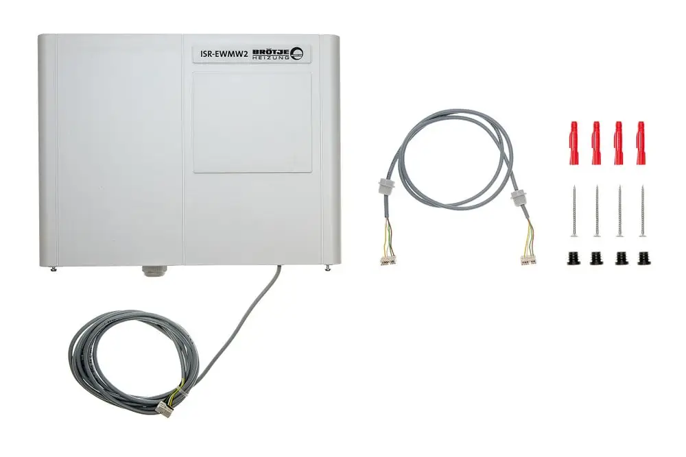 Weißes Wandmodul mit Anschlusskabel und Montageset, hergestellt von Brötje. Enthält verschiedene Anschlussstecker und Schrauben zur Installation.