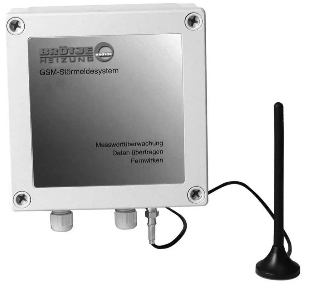 GSM-Überwachungsmodul mit Antenne, montiert in einem robusten, grauen Gehäuse. Designed von Brötje für die Datenüberwachung und Fernsteuerung.