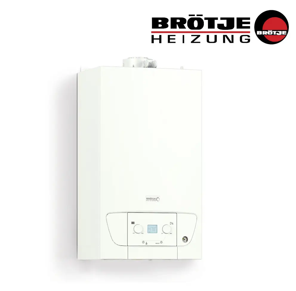 Weißes Heizgerät von Brötje, an der Wand montiert, mit digitalem Display und Steuerungselementen auf der Vorderseite.