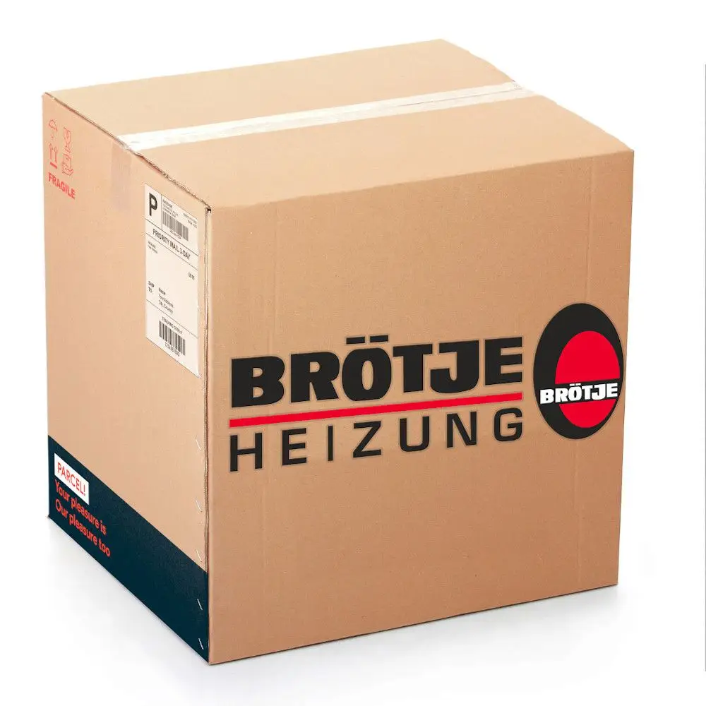 Brauner Karton mit Brötje-Logo und dem Schriftzug "HEIZUNG", versandfertig, mit einem Etikett für den Versand. Der Karton weist auf den Inhalt hin, der für Heizwertthermen gedacht ist.