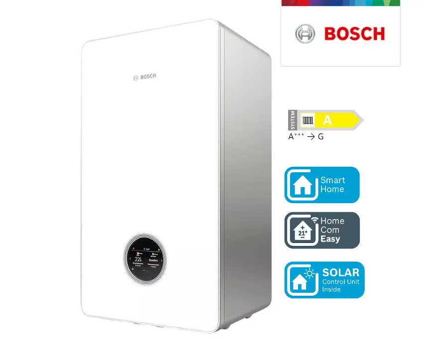 Weißes Heizgerät von Bosch mit runder Steuerung und digitalen Anzeigen. Energielabel A. Icons für Smart Home, Home Comfort und integriertes Solarsteuergerät.