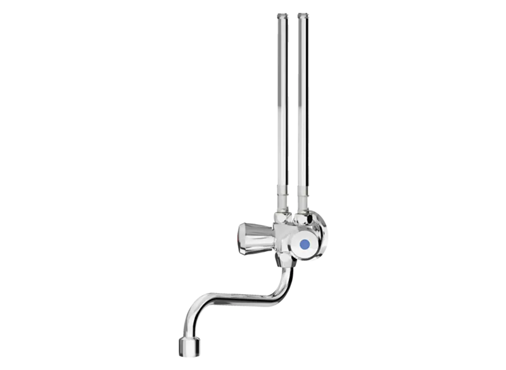 Zweigriff-Wandarmatur aus verchromtem Metall mit zwei langen Hebeln und einem Auslauf, geeignet für Mini-Durchlauferhitzer, hergestellt von Stiebel Eltron.