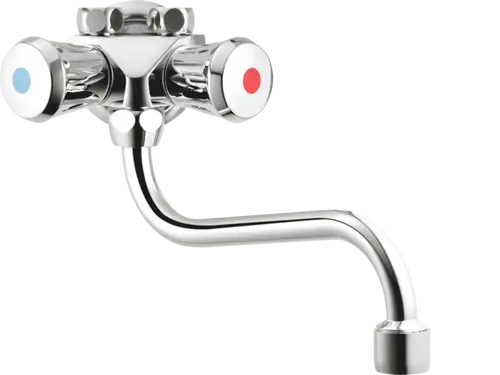 Chromfarbener Wasserhahn mit zwei Griffen für Warm- und Kaltwasser, ausgestattet mit einem abgerundeten Auslauf.