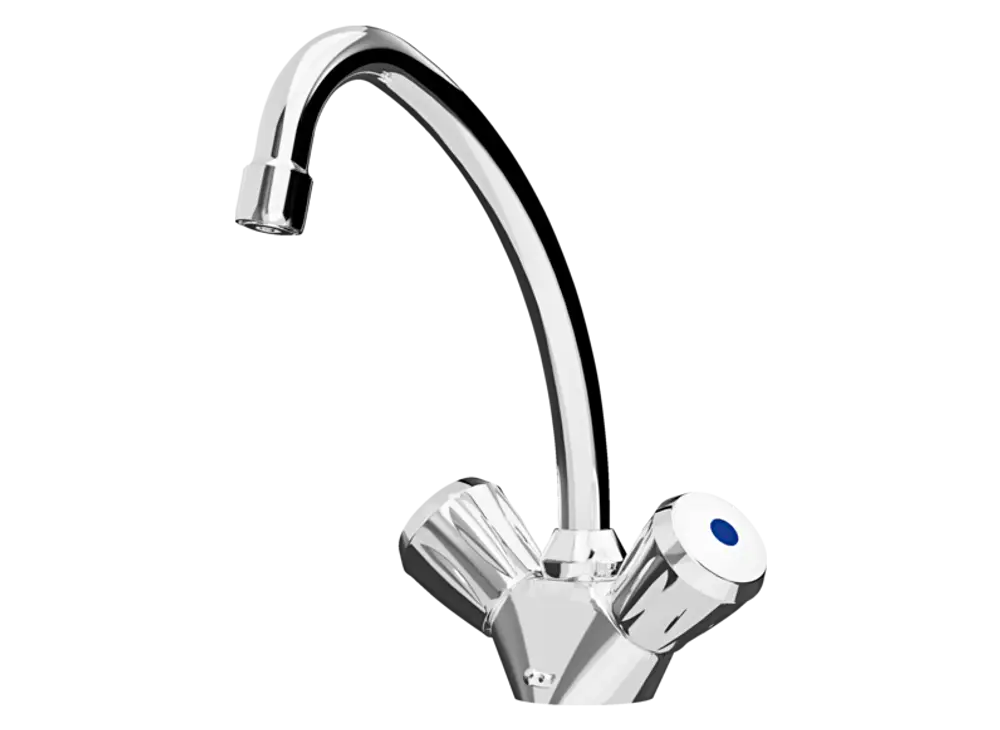 Zweigriffarmatur mit gebogenem Auslauf, silberner Oberfläche und zwei Hebeln zur Temperaturregelung. Stiebel Eltron Logo sichtbar.