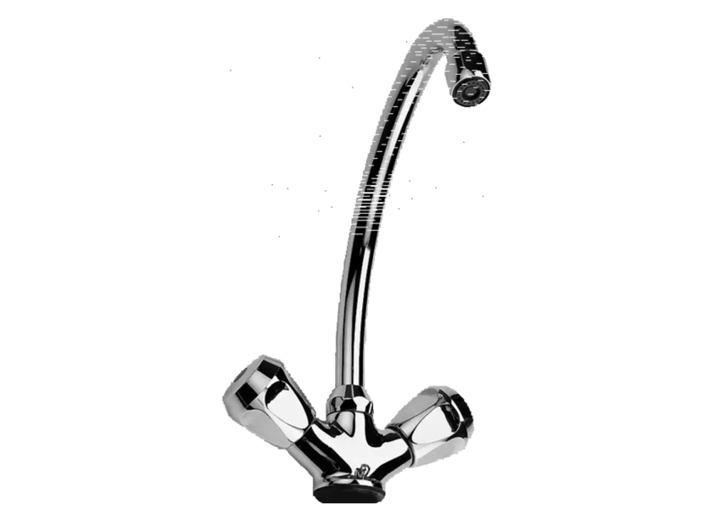 Chrome Zweigriffarmatur von Stiebel Eltron mit geschwungenem Auslauf und zwei Griffen zur Temperatur- und Mengenregelung, geeignet für die Montage an Mini-Durchlauferhitzern.