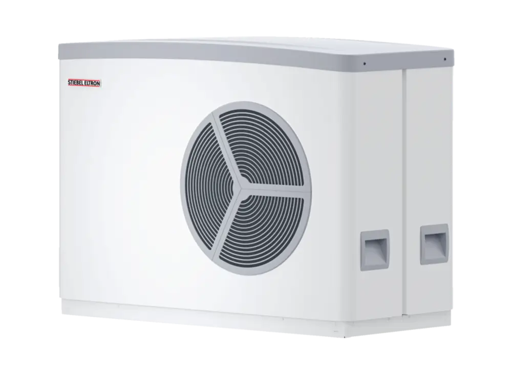 Stiebel Eltron Luft-Wasser-Wärmepumpe in weißer Gehäusefarbe mit runder Lüfteröffnung. Kompakte Bauform für die Installation im Außenbereich.