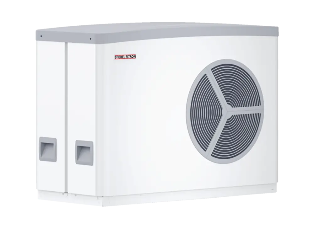 Luft-Wasser-Wärmepumpe in weißer Gehäusefarbe von Stiebel Eltron, kompakte Bauweise mit seitlichem Lüftergitter. Geeignet für die Außeninstallation.