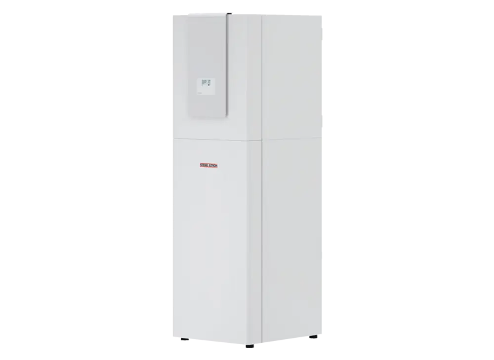 Weiße Wärmepumpe von Stiebel Eltron, aufrecht stehend, mit digitalem Display auf der Vorderseite zur Temperaturregelung. корзина