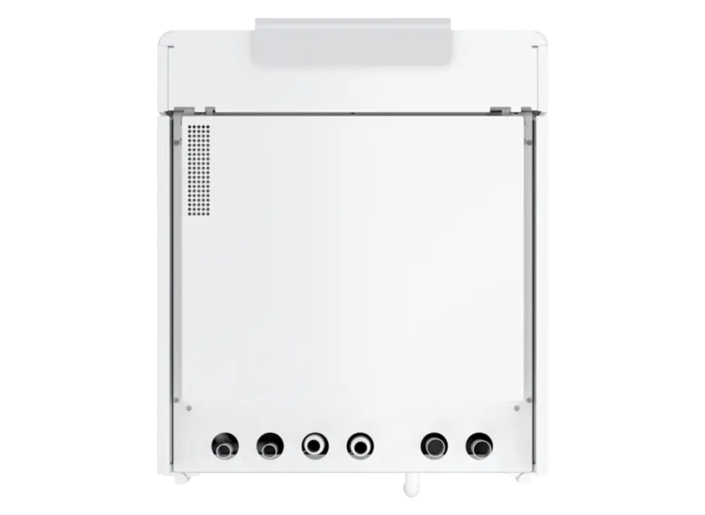 Weiße Wärmepumpe von Stiebel Eltron mit einer glatten Front, zwei Lüftungsschlitzen oben und mehreren Anschlüssen an der Unterseite für eine Heizungsinstallation.