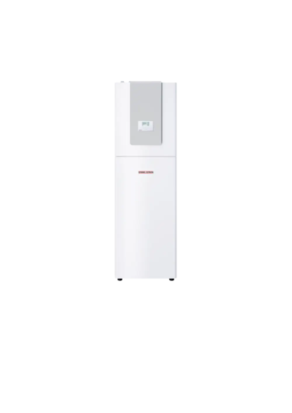 Weiße Wärmepumpe von Stiebel Eltron mit digitalem Display, vertikaler Bauweise und glatter Oberfläche, für die Nutzung in Heizungsanlagen.