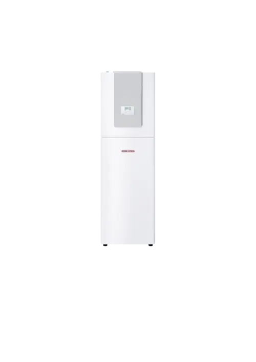 Weiße Wärmepumpe von Stiebel Eltron mit digitalem Display, vertikaler Bauweise und glatter Oberfläche, für die Nutzung in Heizungsanlagen.