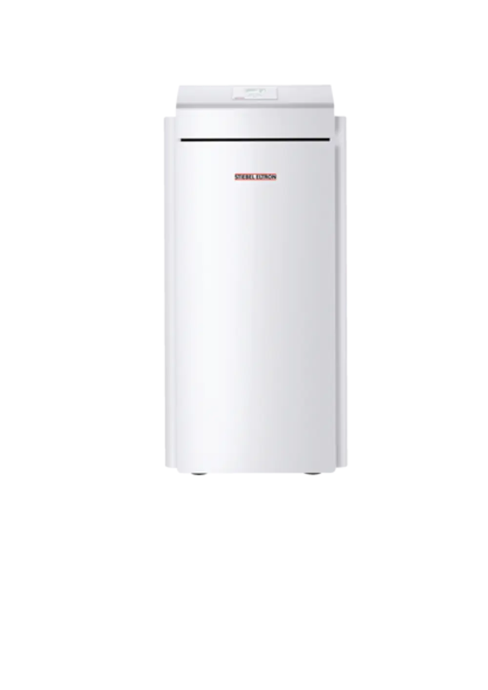 Weiße Wärmepumpe von Stiebel Eltron, aufrecht stehend mit einem schlichten Design. Keine sichtbaren Bedienelemente oder zusätzliche Informationen auf dem Bild.