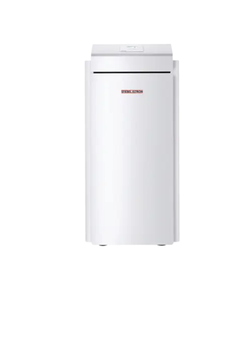 Weiße Wärmepumpe von Stiebel Eltron, aufrecht stehend mit einem schlichten Design. Keine sichtbaren Bedienelemente oder zusätzliche Informationen auf dem Bild.
