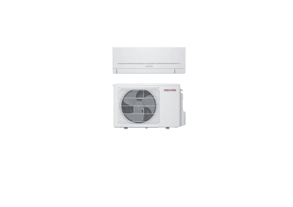 Split-Klimaanlage von Stiebel Eltron mit Inneneinheit und Außeneinheit, beide in Weiß, für die Klimatisierung von Räumen.