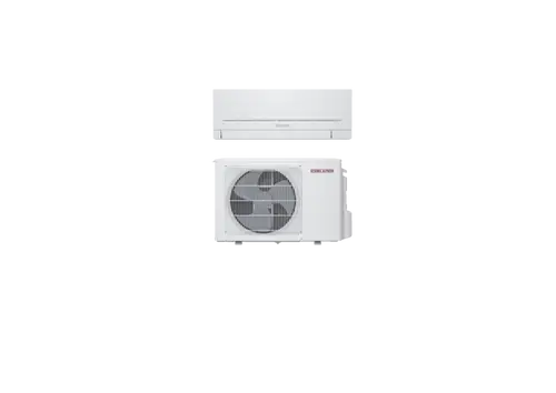 Inverter-Klimaanlage mit innenliegendem und außenliegendem Gerät, beide in modernem, weißem Design.