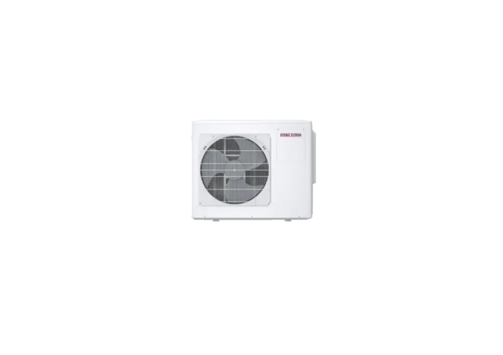 Stiebel Eltron Außengerät in Weiß mit großem Lüftergitter. Das Design ist kompakt und eignet sich zur Montage im Außenbereich für Klimaanlagen.