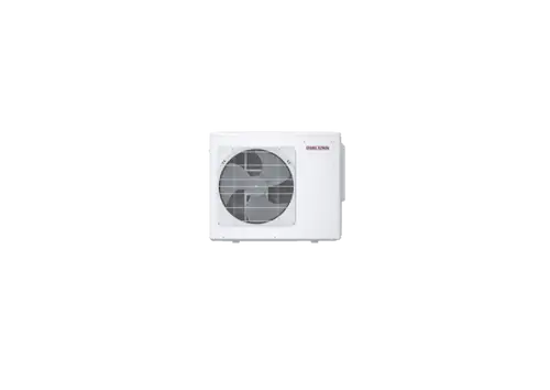 Stiebel Eltron Außengerät in Weiß mit großem Lüftergitter. Das Design ist kompakt und eignet sich zur Montage im Außenbereich für Klimaanlagen.
