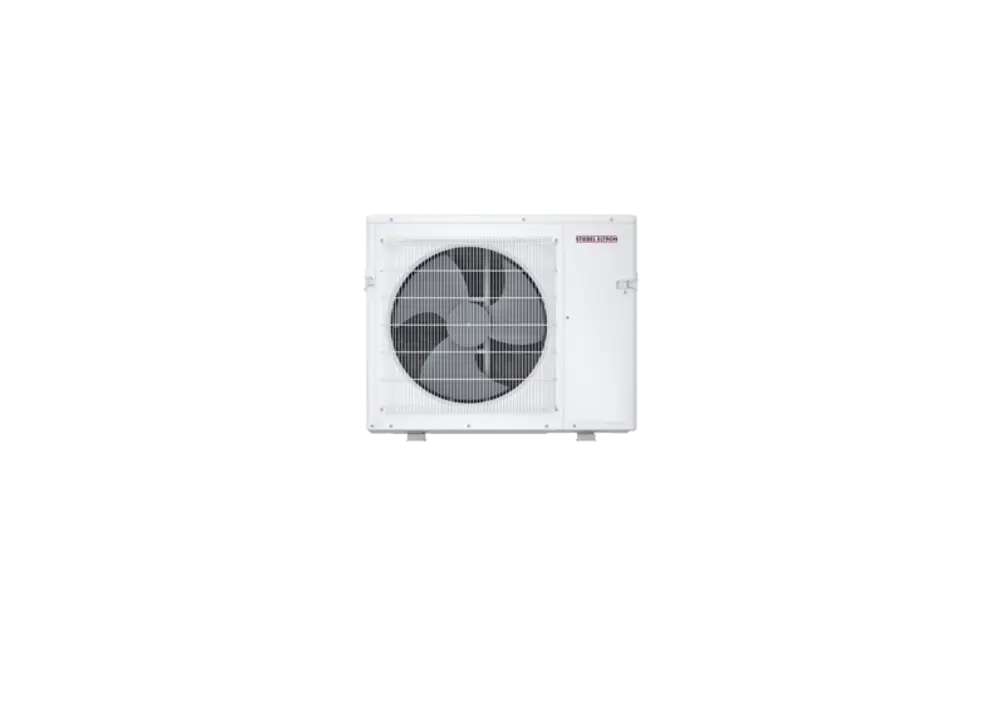 Weißes Außengerät mit einem großen Ventilator und Gitterabdeckung, hergestellt von Stiebel Eltron, zur Verwendung in Klimaanlagen.