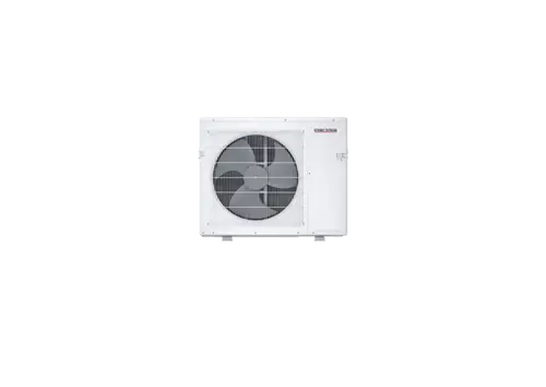 Weißes Außengerät mit einem großen Ventilator und Gitterabdeckung, hergestellt von Stiebel Eltron, zur Verwendung in Klimaanlagen.