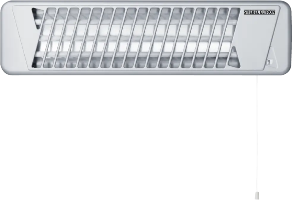 Infrarot-Quarzstrahler in weißer Ausführung, montiert an der Wand, mit einem Zugschalter zur Bedienung. Marke: Stiebel Eltron.