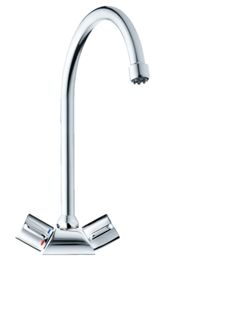 Hochglänzende Spültischarmatur von Stiebel Eltron mit zwei Bedienelementen für Heiß- und Kaltwasser, charakteristische geschwungene Auslaufform.